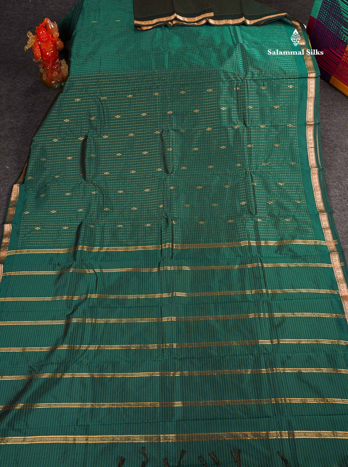 Semi Silk Saree - Teal Green Colour Body Small Checks With Butta & Traditional Small Border 