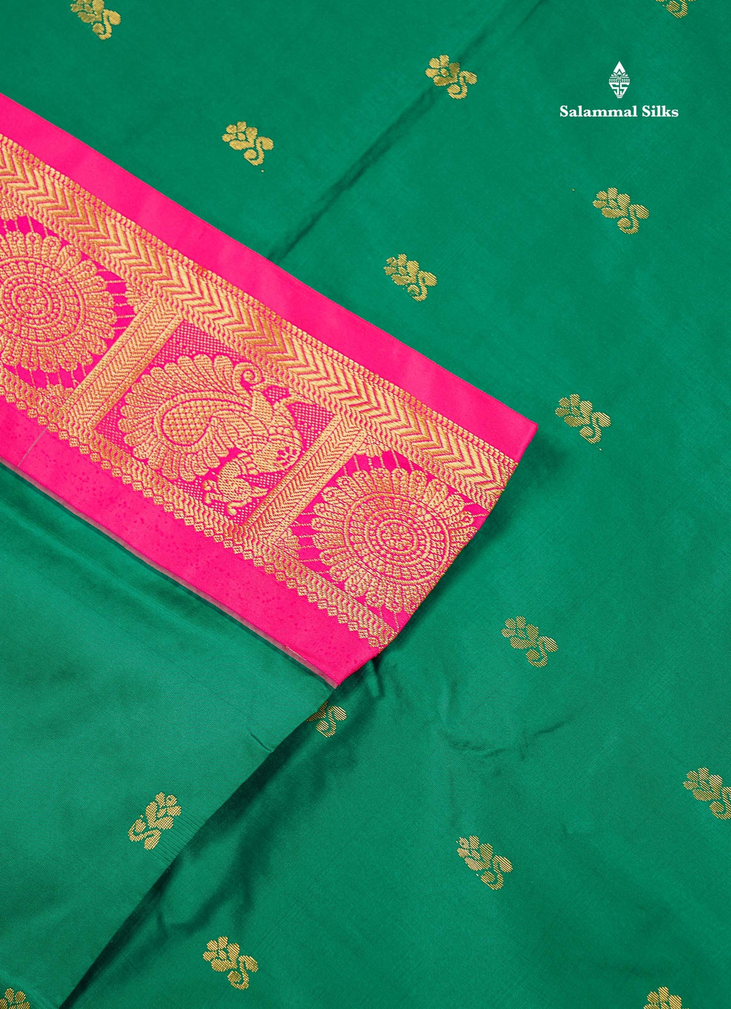 Semi Silk Saree - Green Colour Body Zari Butta With Contrast Pink Traditional Border | 10.5 Yards