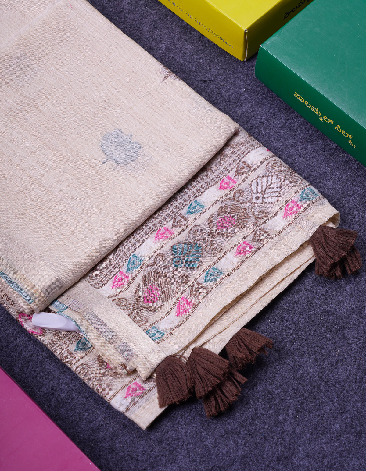 Beautiful Cream Sandal Thread Work Butta Muga Cotton Saree With Blouse