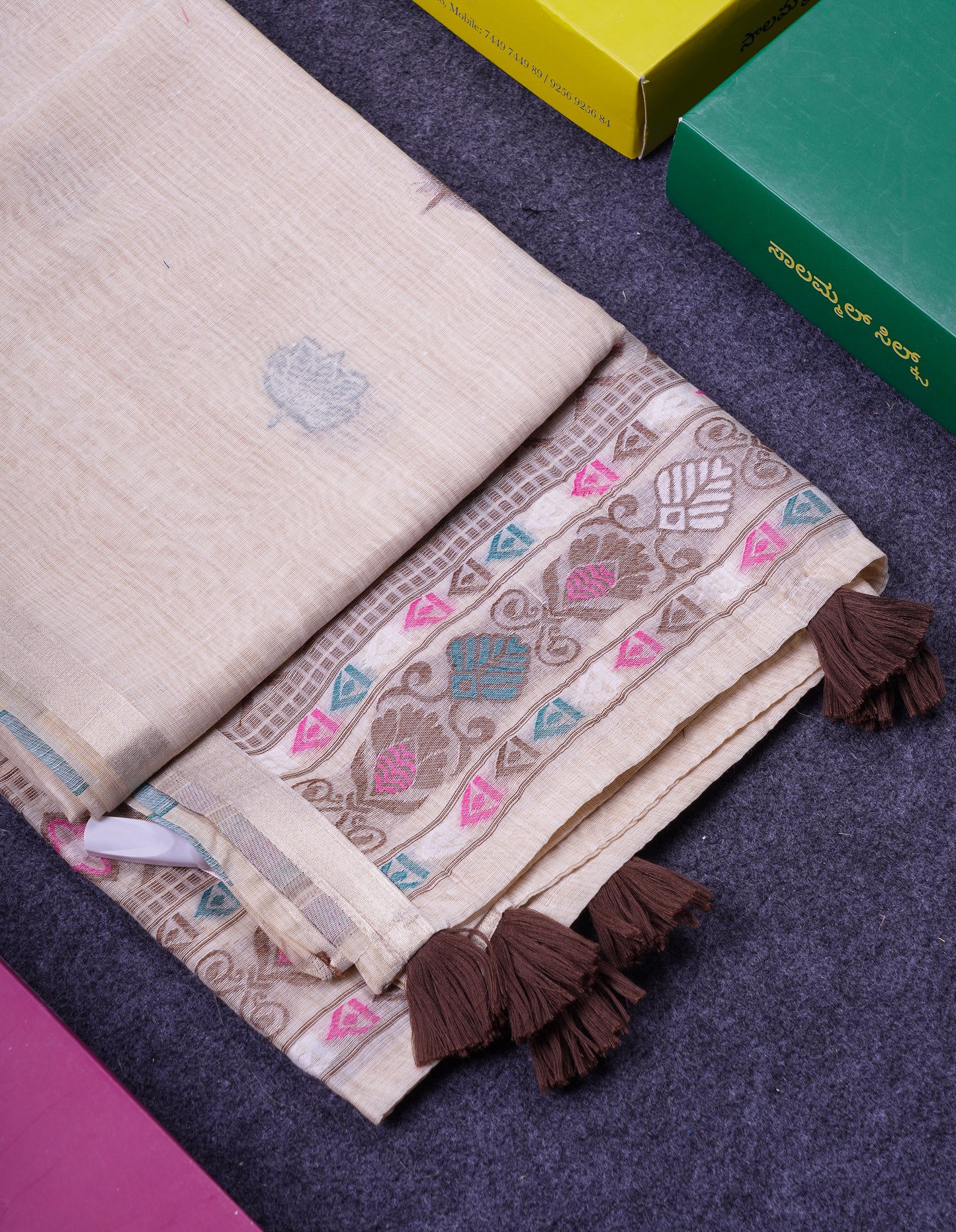 Beautiful Cream Sandal Thread Work Butta Muga Cotton Saree With Blouse