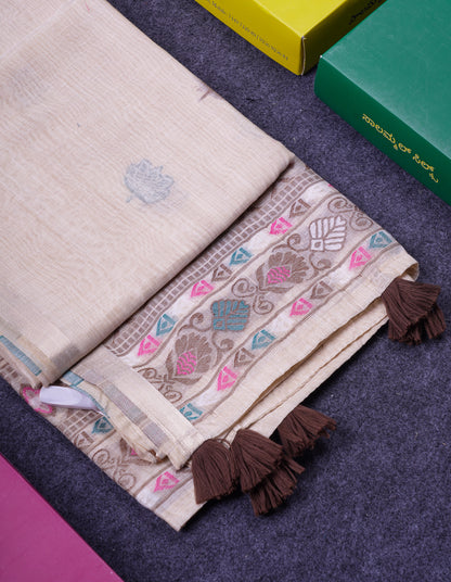Beautiful Cream Sandal Thread Work Butta Muga Cotton Saree With Blouse