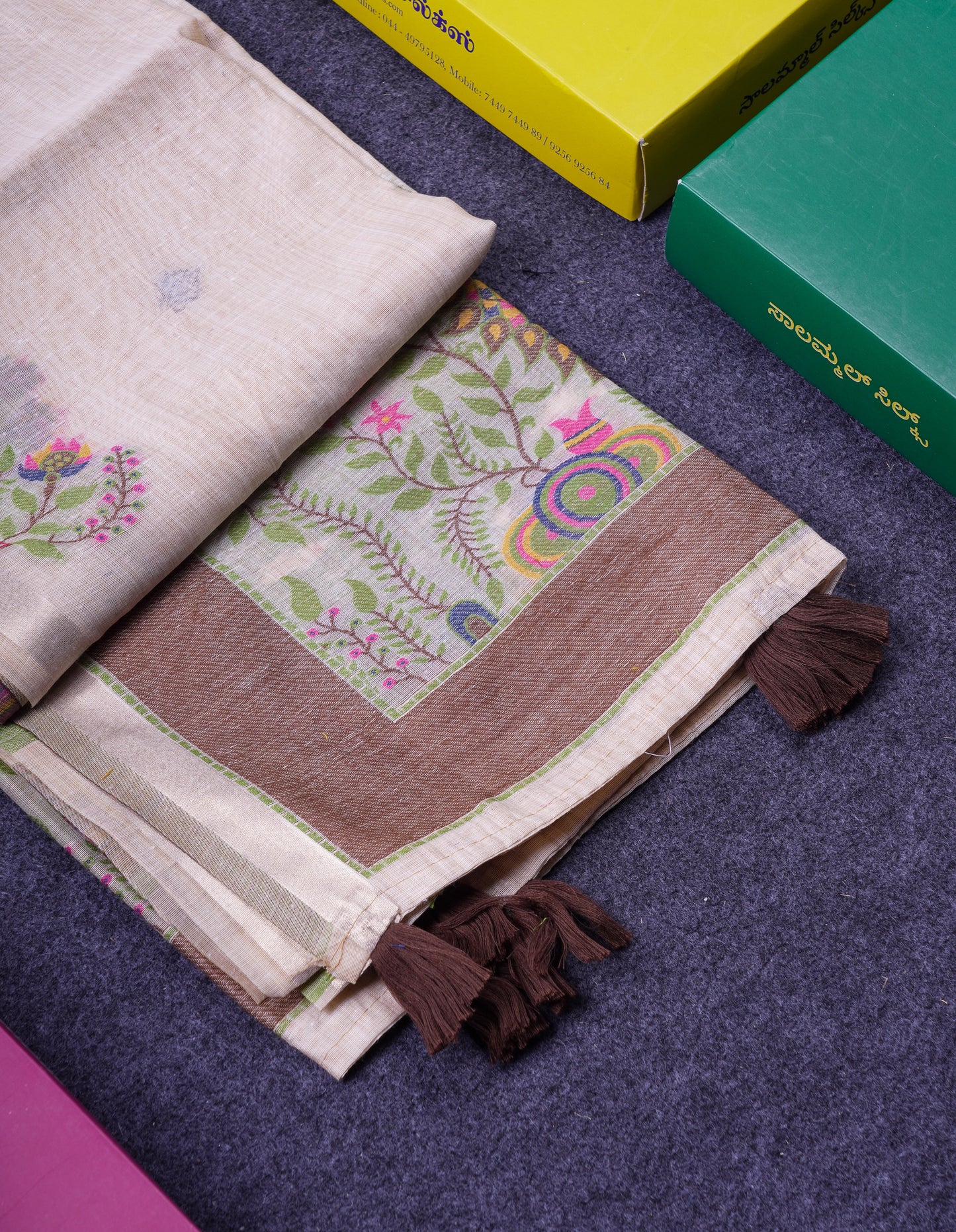 Beautiful Cream Sandal Thread Work Butta Muga Cotton Saree With Blouse