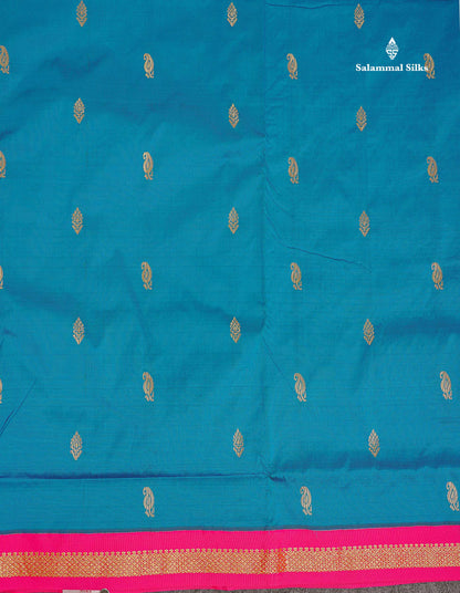 Semi Silk Saree - Peacock Blue Colour Body Zari Buttas With Contrast Pink Small Border | 10 Yards