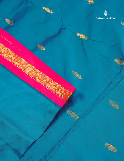Semi Silk Saree - Peacock Blue Colour Body Zari Buttas With Contrast Pink Small Border | 10 Yards