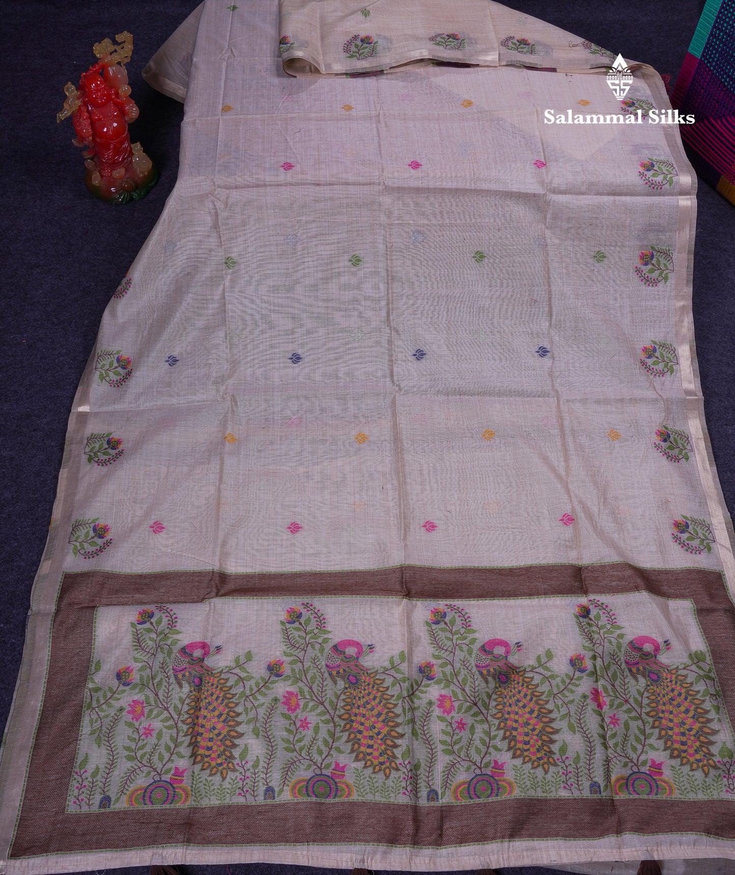 Beautiful Cream Sandal Thread Work Butta Muga Cotton Saree With Blouse