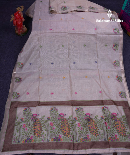 Beautiful Cream Sandal Thread Work Butta Muga Cotton Saree With Blouse