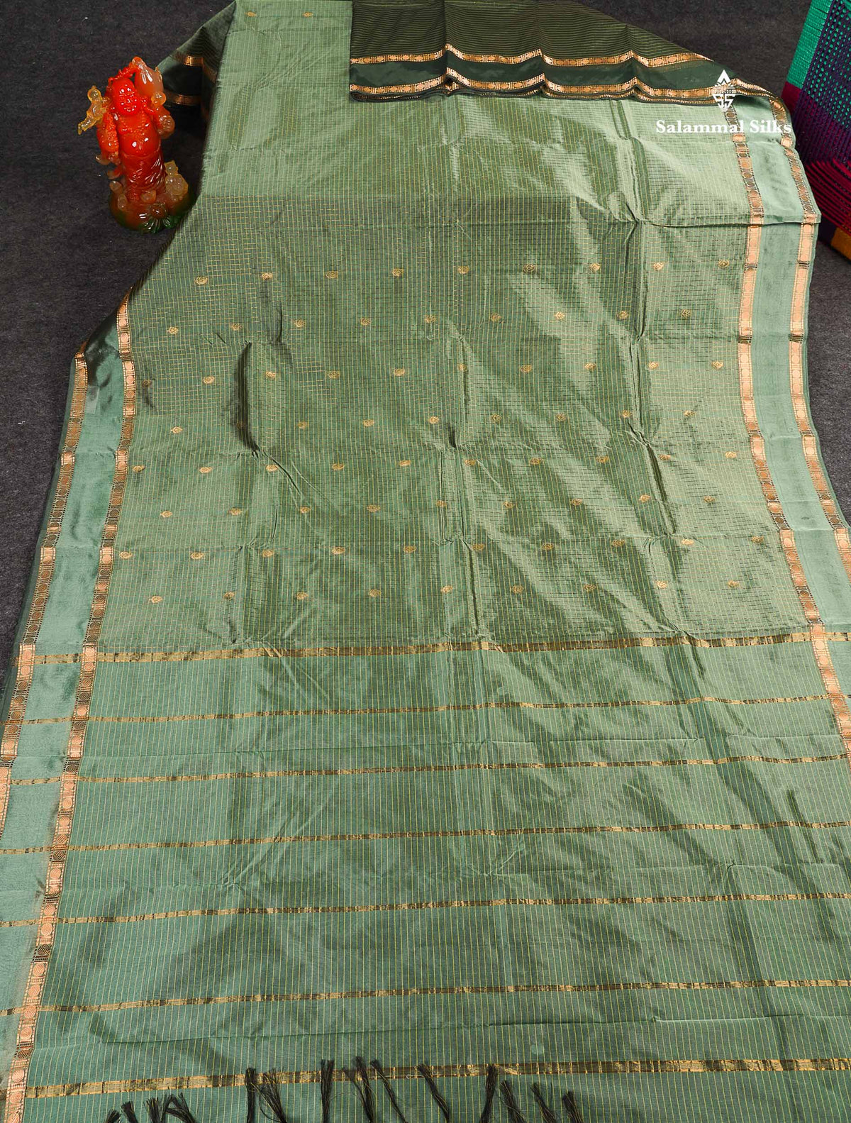 Semi Silk Saree - Dark Sage Green Colour Body Small Checks With Butta & Traditional Rettapet Border