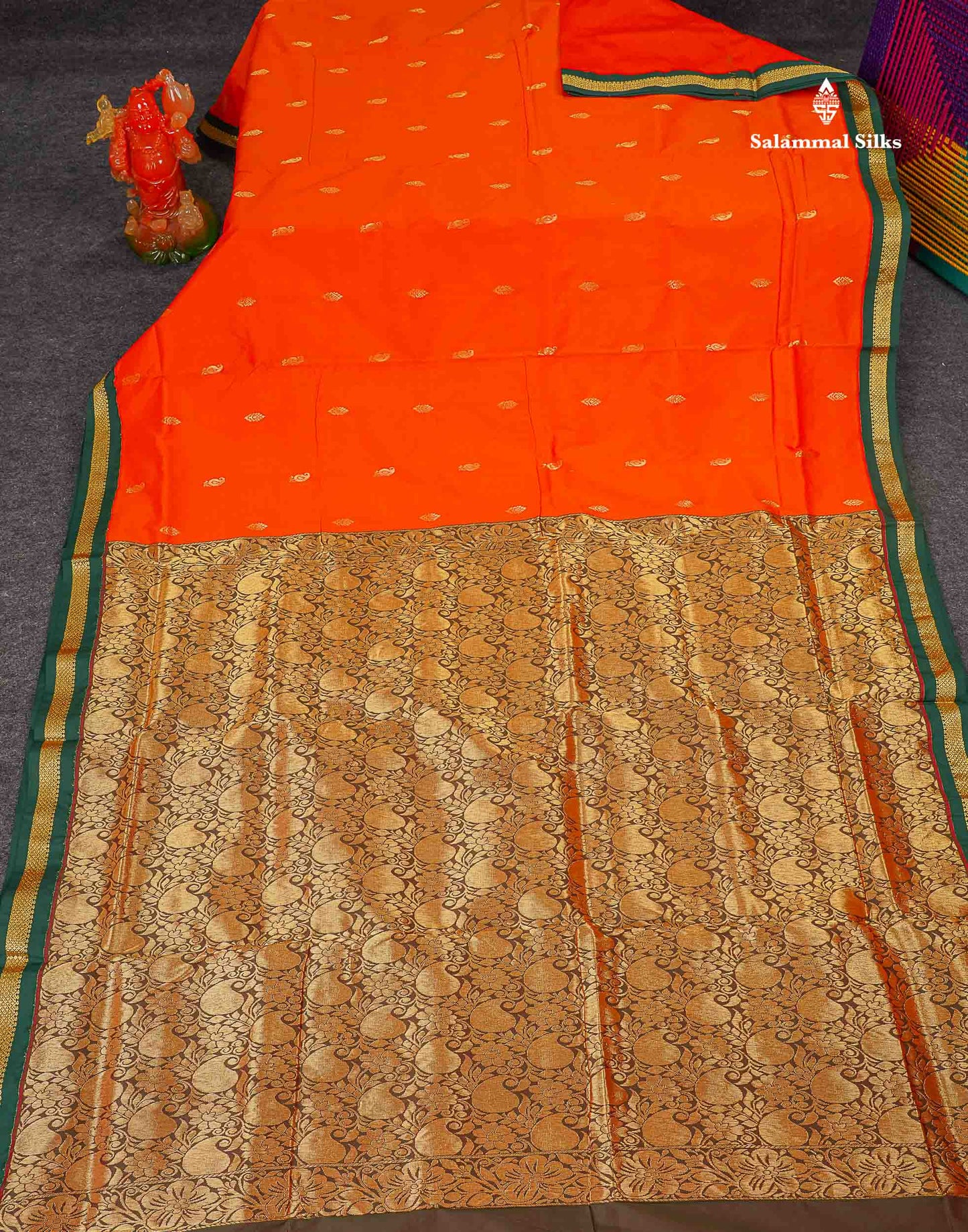 Semi Silk Saree - Orange Colour Body Zari Buttas With Contrast Bottle Green Small Border | 10 Yards 