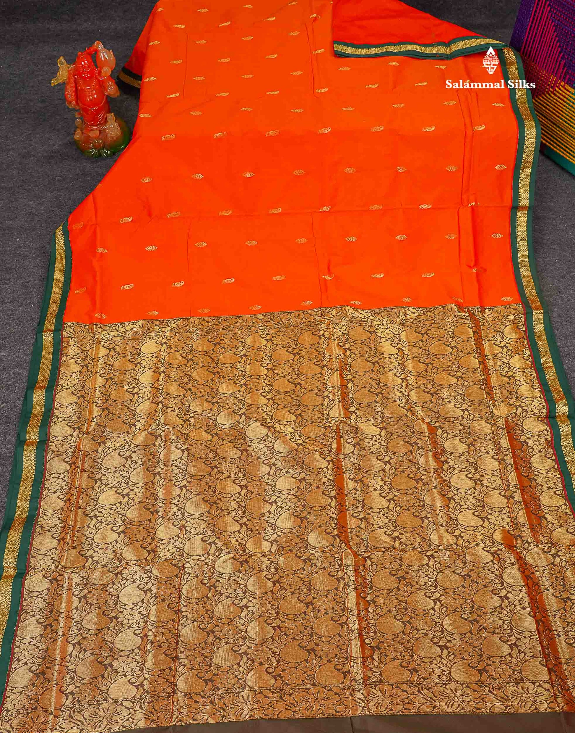 Semi Silk Saree - Orange Colour Body Zari Buttas With Contrast Bottle Green Small Border | 10 Yards 
