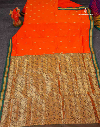Semi Silk Saree - Orange Colour Body Zari Buttas With Contrast Bottle Green Small Border | 10 Yards 