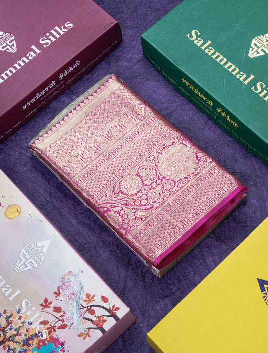 Light Lavender Colour Pure Kanjivaram Silk Saree With Contrast Long Pink Border