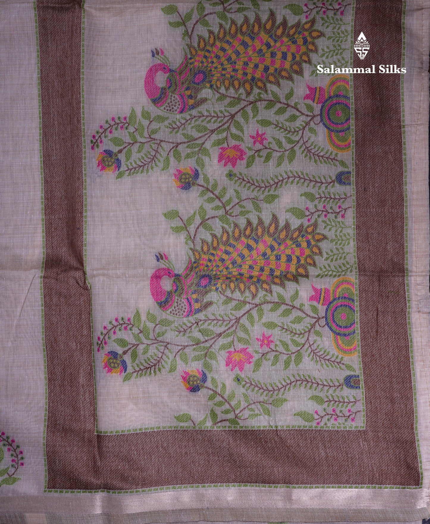 Beautiful Cream Sandal Thread Work Butta Muga Cotton Saree With Blouse