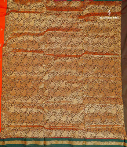 Semi Silk Saree - Orange Colour Body Zari Buttas With Contrast Bottle Green Small Border | 10 Yards