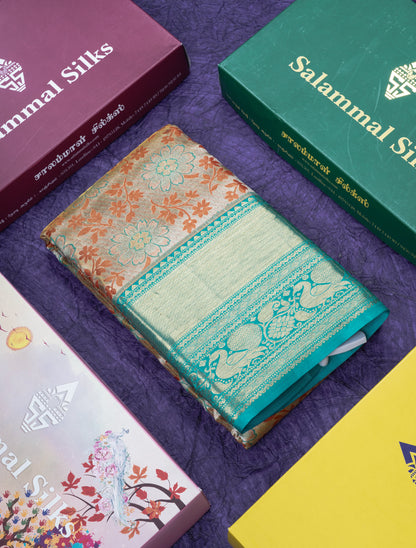 Cream Tissue Bridal Pure Kanjivaram Silk Saree With Sapphire Green Border