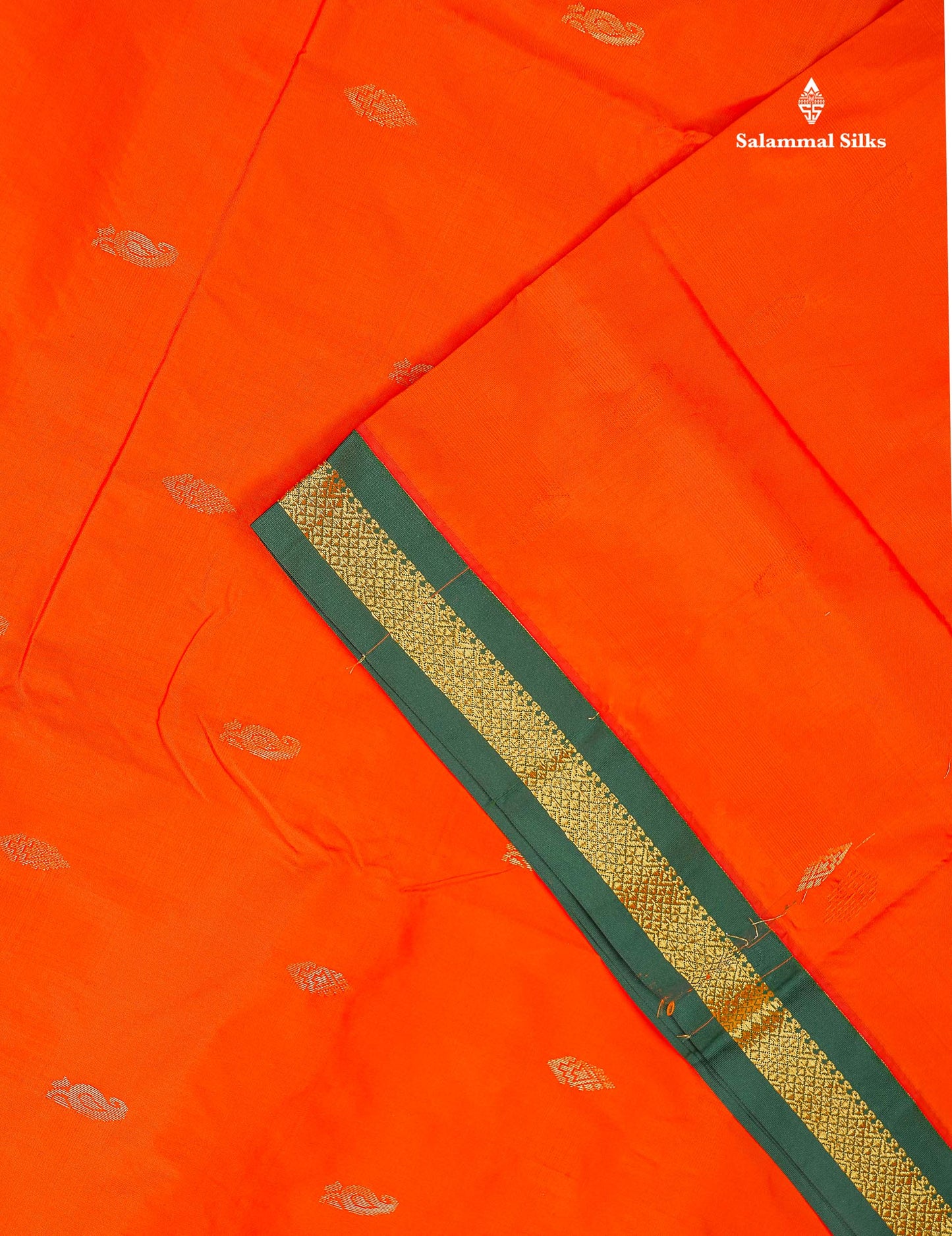 Semi Silk Saree - Orange Colour Body Zari Buttas With Contrast Bottle Green Small Border | 10 Yards
