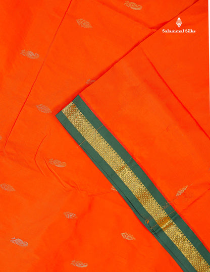 Semi Silk Saree - Orange Colour Body Zari Buttas With Contrast Bottle Green Small Border | 10 Yards