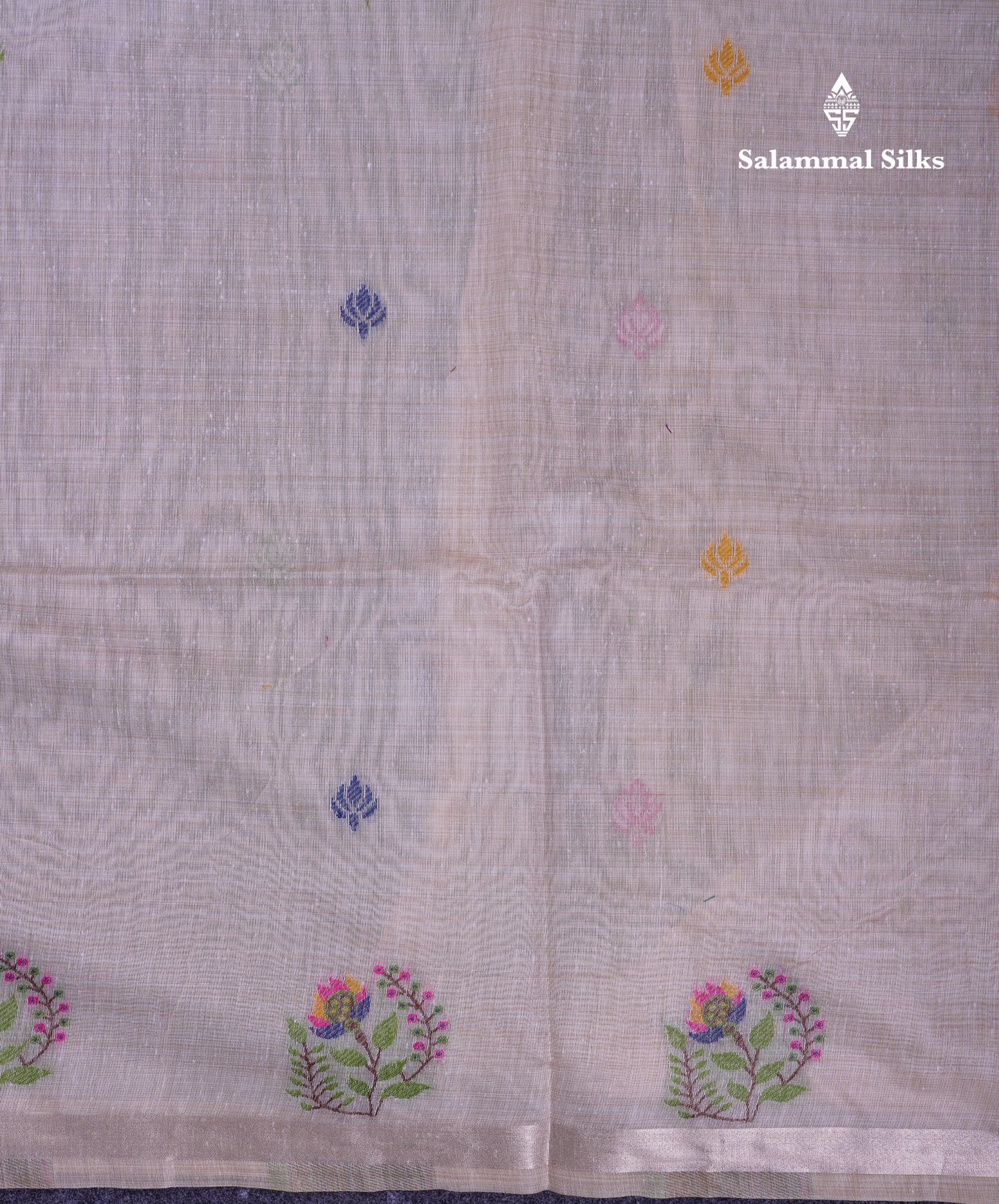 Beautiful Cream Sandal Thread Work Butta Muga Cotton Saree With Blouse