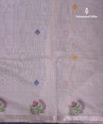 Beautiful Cream Sandal Thread Work Butta Muga Cotton Saree With Blouse