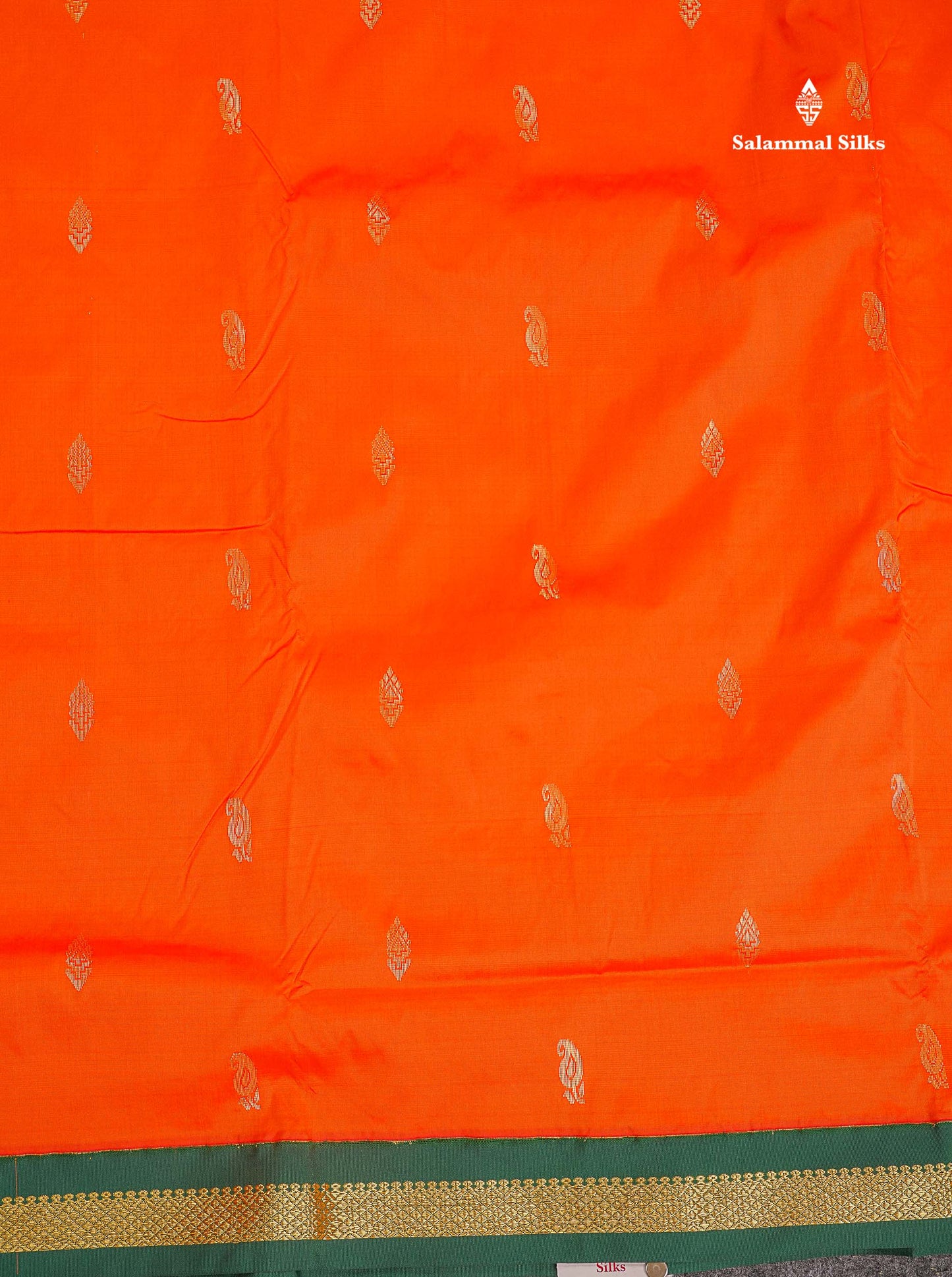 Semi Silk Saree - Orange Colour Body Zari Buttas With Contrast Bottle Green Small Border | 10 Yards