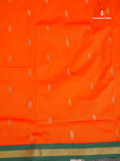 Semi Silk Saree - Orange Colour Body Zari Buttas With Contrast Bottle Green Small Border | 10 Yards