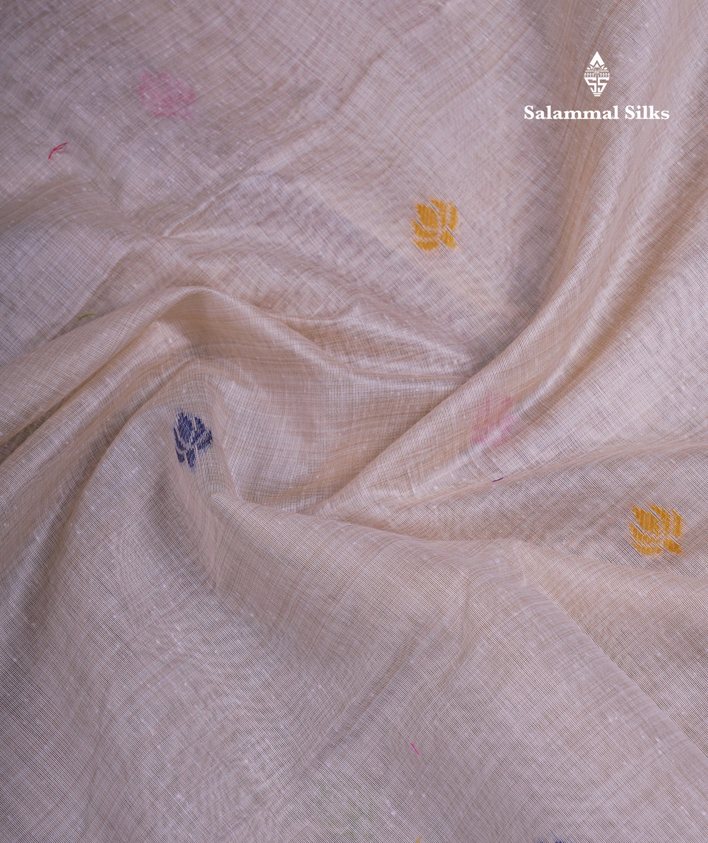 Beautiful Cream Sandal Thread Work Butta Muga Cotton Saree With Blouse