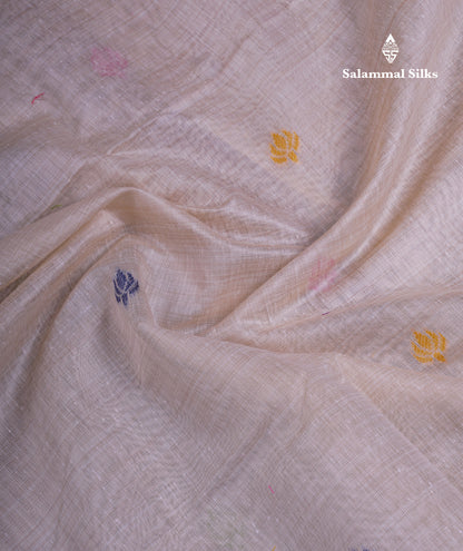 Beautiful Cream Sandal Thread Work Butta Muga Cotton Saree With Blouse