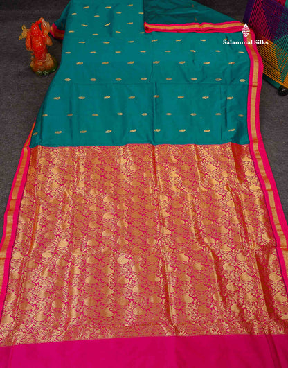 Semi Silk Saree - Ramar Blue Colour Body Zari Buttas With Contrast Pink Small Border | 10 Yards