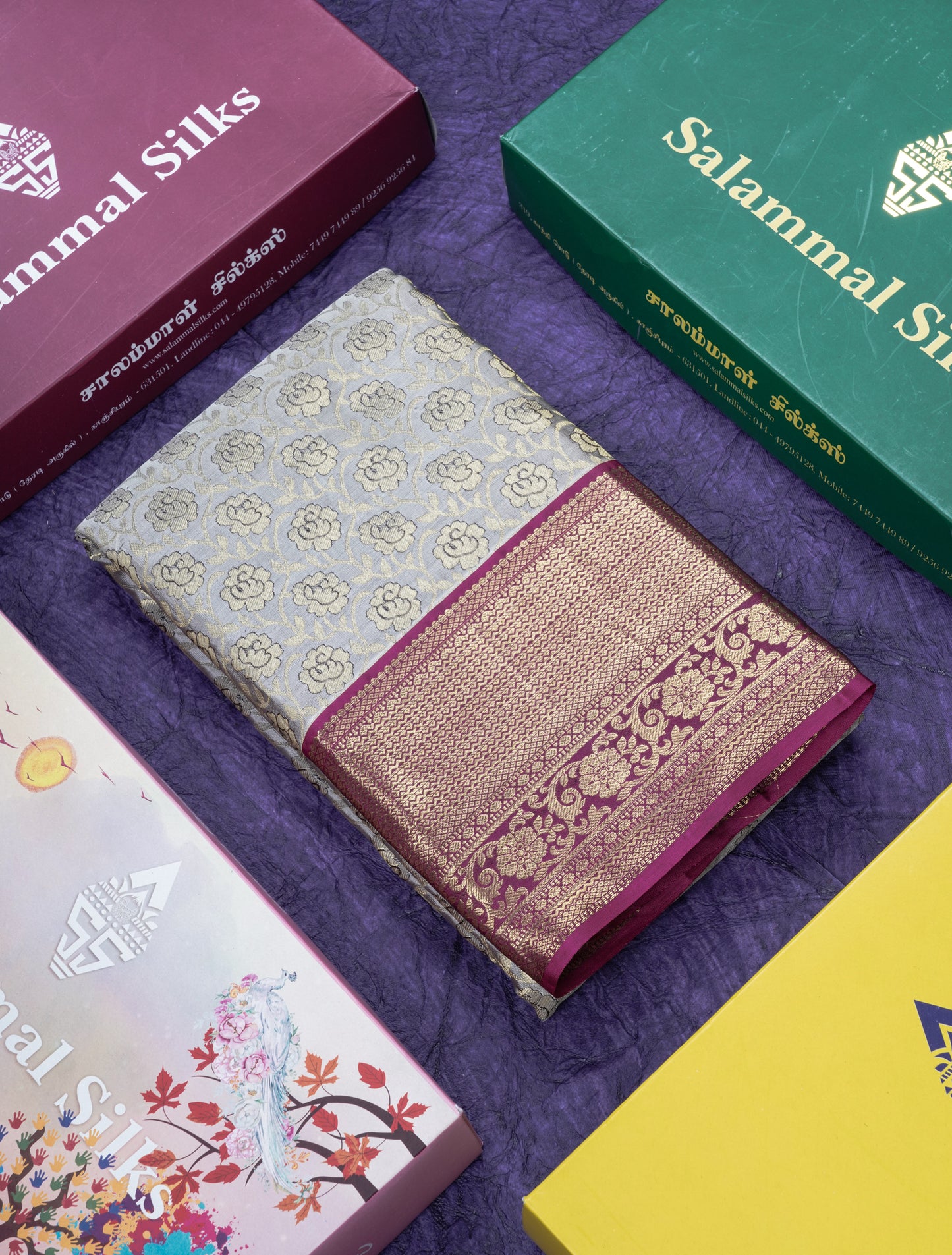 Light Grey Bridal Pure Kanjivaram Silk Saree With Contrast Magenta Border