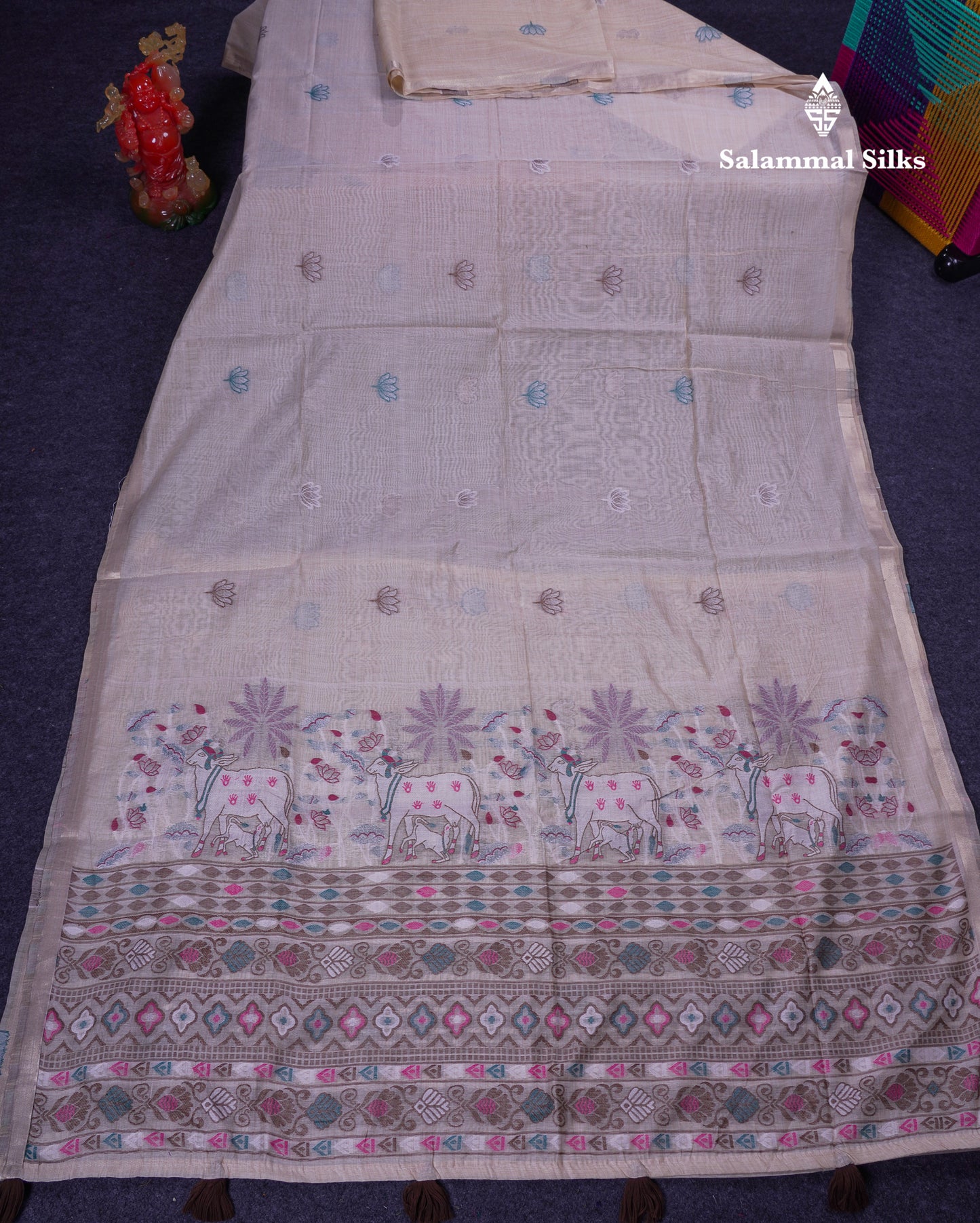 Beautiful Cream Sandal Thread Work Butta Muga Cotton Saree With Blouse