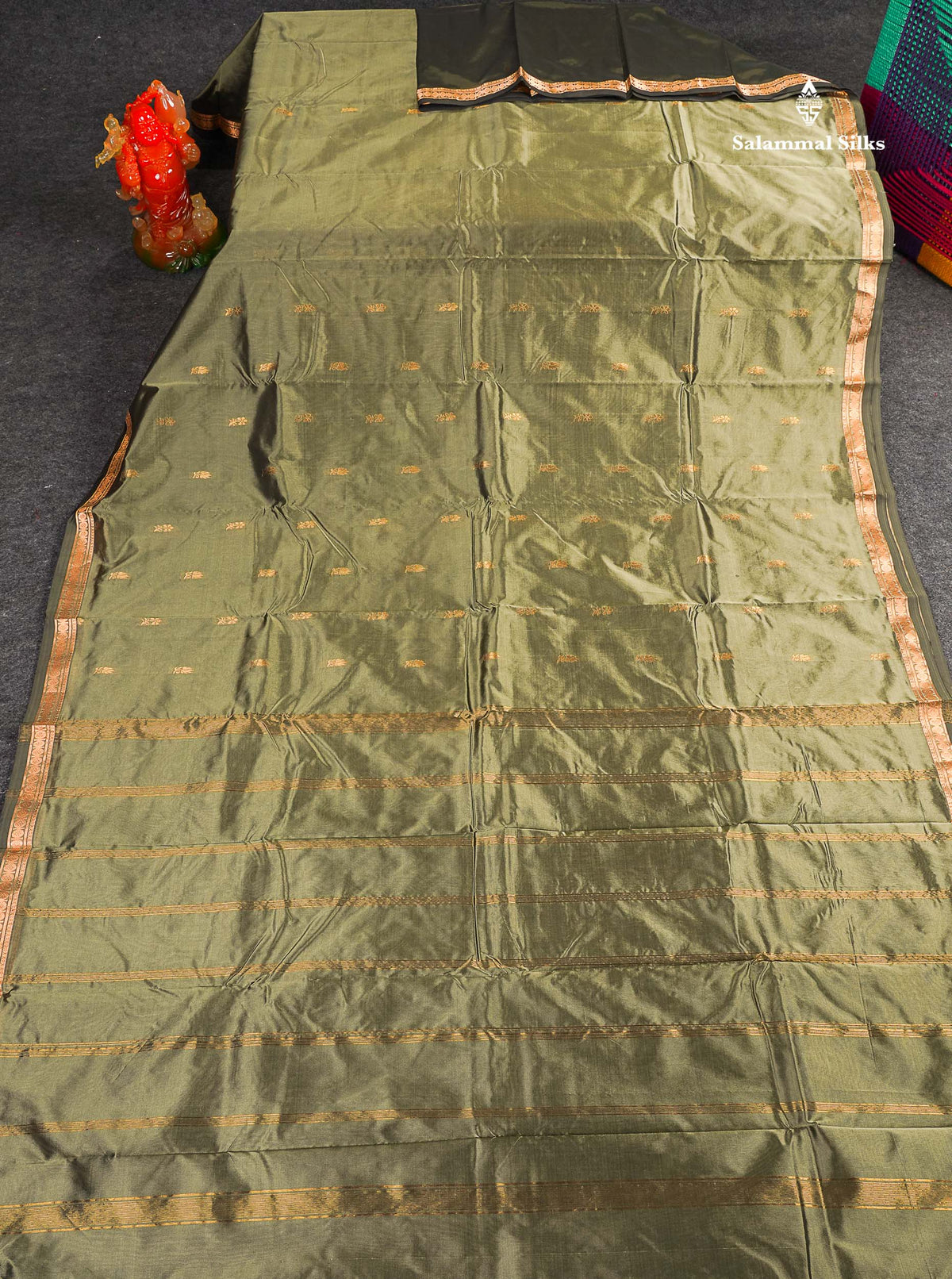 Semi Silk Saree - Light Olive Green Colour Body Zari Butta With Traditional Small Border