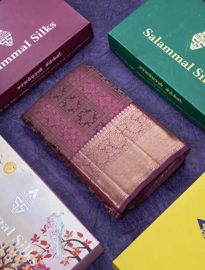 Magenta & Magenta Pink Checks Bridal Pure Kanjivaram Silk Saree With Self Border