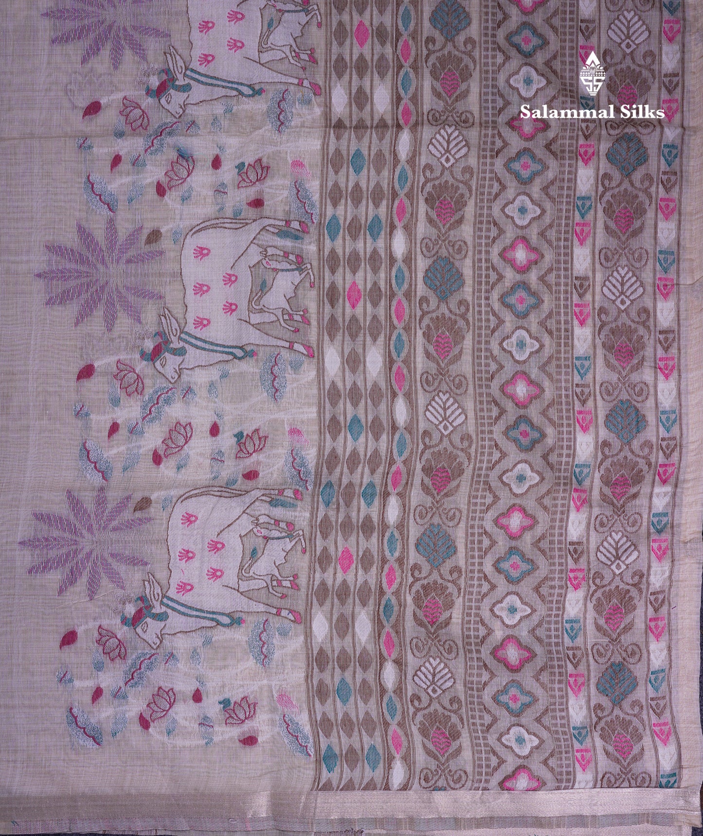 Beautiful Cream Sandal Thread Work Butta Muga Cotton Saree With Blouse
