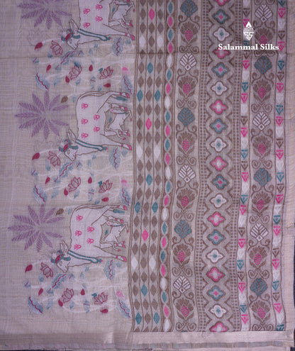 Beautiful Cream Sandal Thread Work Butta Muga Cotton Saree With Blouse