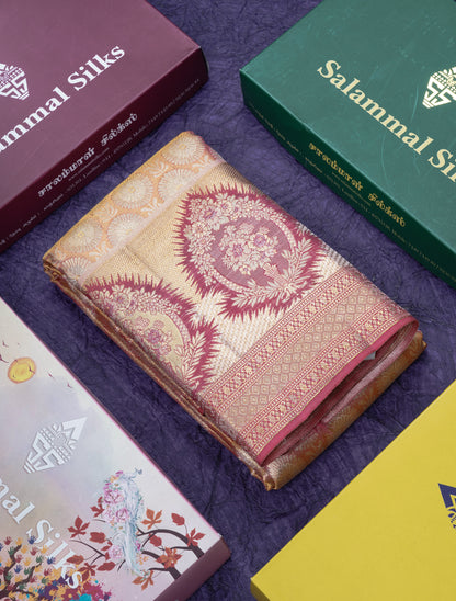 Beautiful Pinkish Orange Tissue Bridal Pure Kanjivaram Silk Saree With Fancy Border