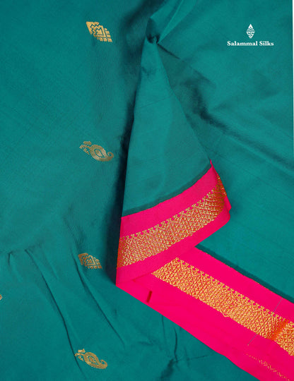Semi Silk Saree - Ramar Blue Colour Body Zari Buttas With Contrast Pink Small Border | 10 Yards