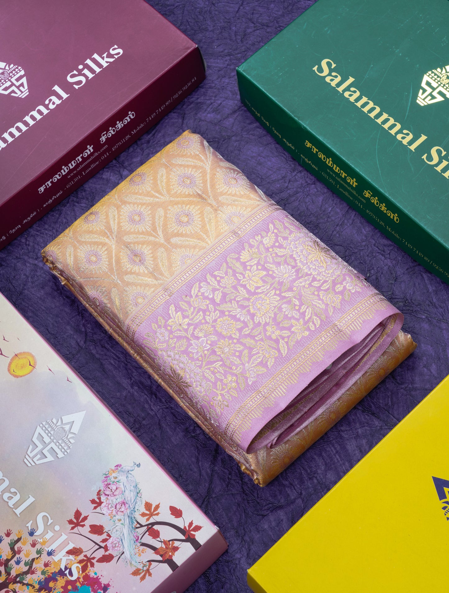 Beautiful Peach Tissue Bridal Pure Kanjivaram Silk Saree With Contrast Lavender Border