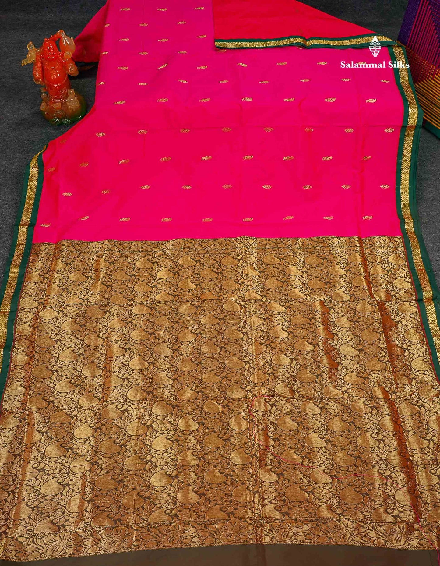 Semi Silk Saree - Peacock Blue Colour Body Zari Buttas With Contrast Pink Small Border | 10 Yards