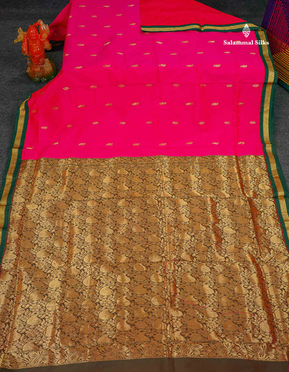 Semi Silk Saree - Peacock Blue Colour Body Zari Buttas With Contrast Pink Small Border | 10 Yards