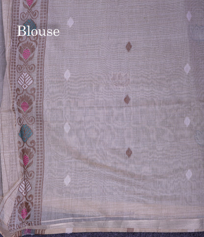 Beautiful Cream Sandal Thread Work Butta Muga Cotton Saree With Blouse
