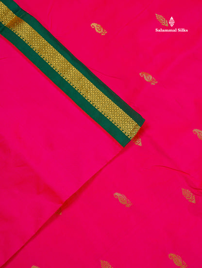 Semi Silk Saree - Peacock Blue Colour Body Zari Buttas With Contrast Pink Small Border | 10 Yards