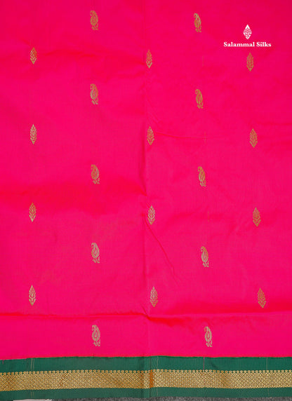 Semi Silk Saree - Peacock Blue Colour Body Zari Buttas With Contrast Pink Small Border | 10 Yards