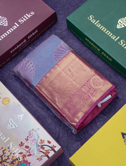 Dual Tone Blue Shade Bridal Pure Kanjivaram Silk Saree With Contrast Magenta Pink Border