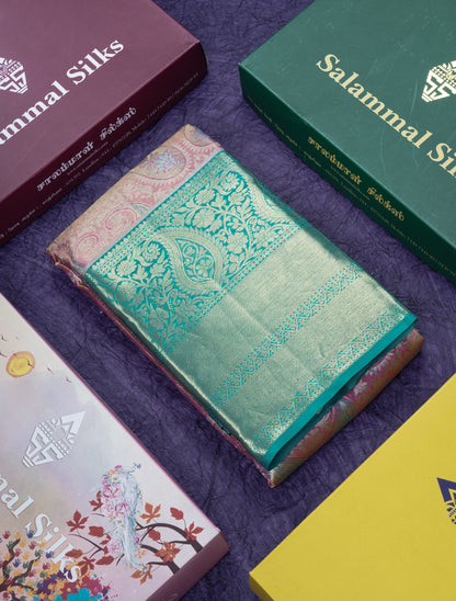 Pink Tissue Bridal Pure Kanjivaram Silk Saree With Sapphire Green Border