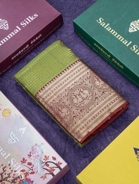 Green Grand Bridal Kanjivaram Pure Silk Saree With Maroon Traditional Border