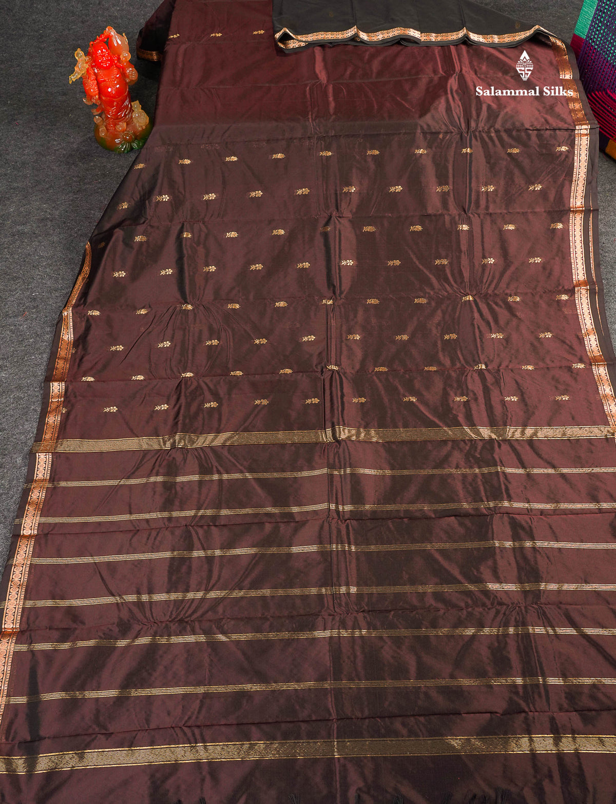 Semi Silk Saree - Dark Brown Colour Body Zari Butta With Traditional Small Border