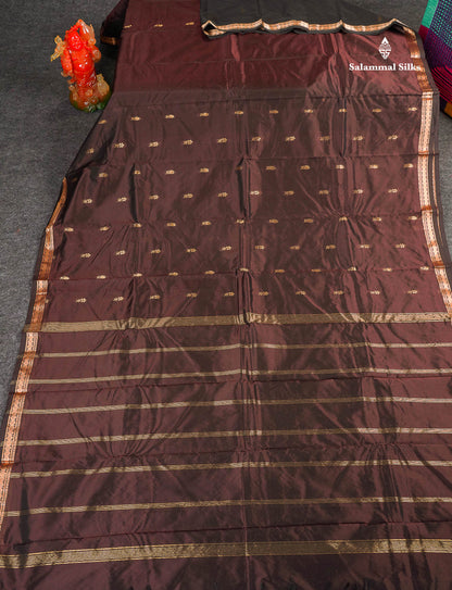 Semi Silk Saree - Dark Brown Colour Body Zari Butta With Traditional Small Border