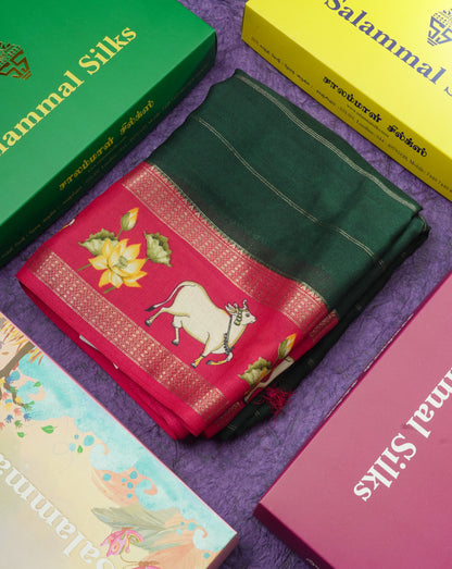 Bottle Green Semi Crepe Saree With Contrast Reddish Pink Border