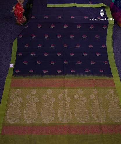 Beautiful Navy Blue Thread Work Butta Handloom Pure Cotton Saree With Contrast Parrot Green Blouse