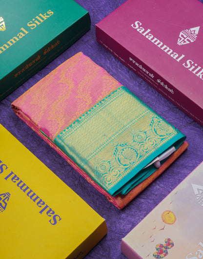Pink Color Kanjivaram Pure Silk Saree with Saphire Green Border and Blouse