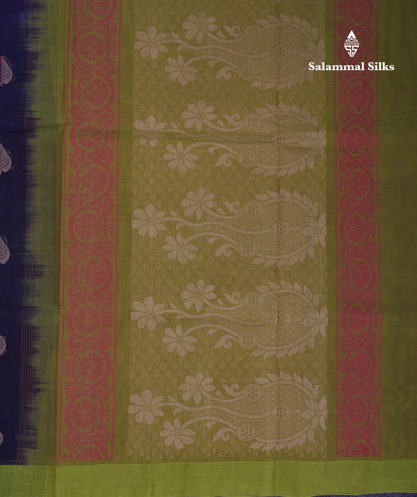 Beautiful Navy Blue Thread Work Butta Handloom Pure Cotton Saree With Contrast Parrot Green Blouse